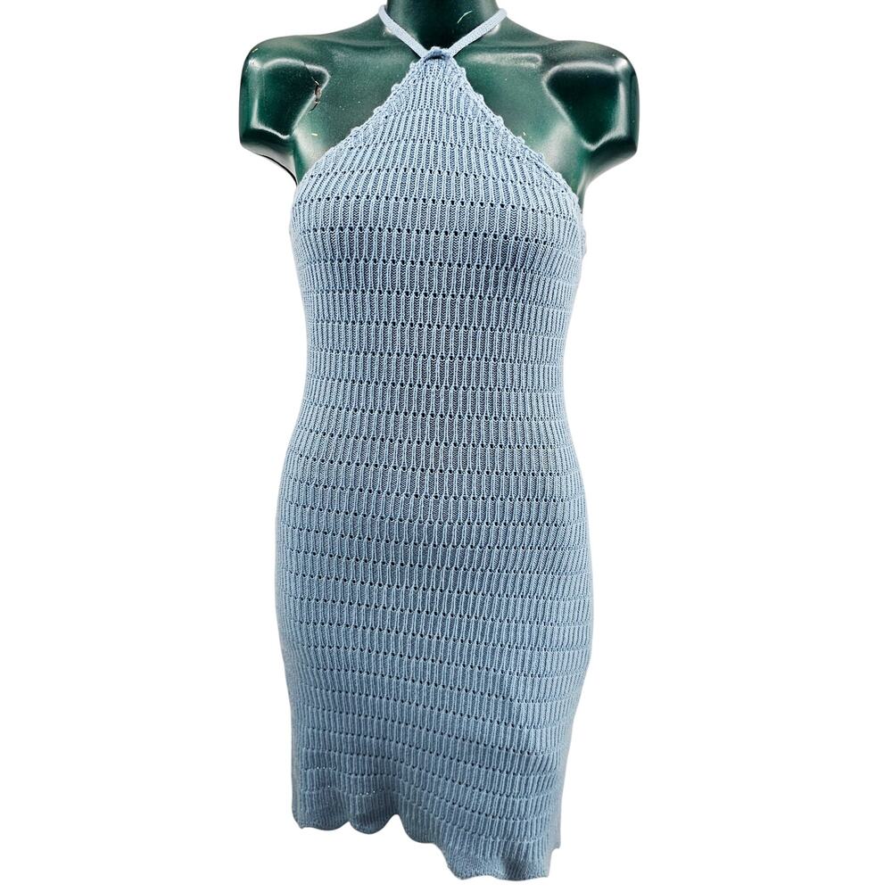 Altar'd State Dusty Blue Halter Crochet Short Mini Dress western Boho Romantic L